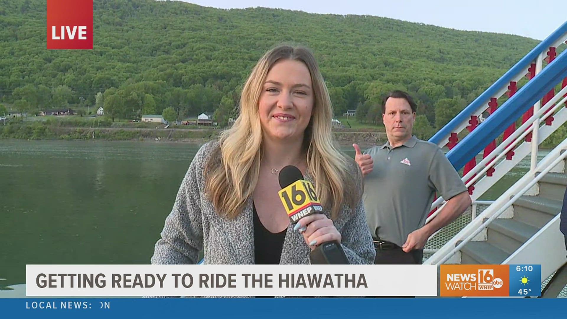 Newswatch 16's Elizabeth Worthington photobombed with "Jon Meyer pose" during morning show live shot